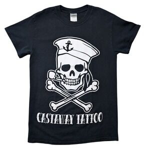 Castaway Tattoo Small Black Graphic T Shirt Sailor Skull‎ Cross Bones Custom Tee